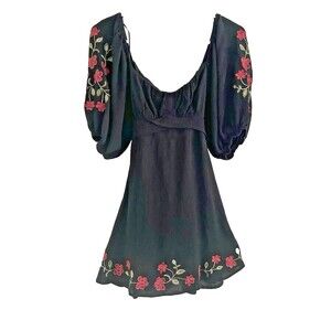 Mi Ami Boho Peasant Dress Black Off Shoulder Embroidered Red Flowers Size Small